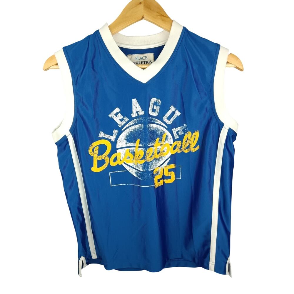 The Children's Place Blue & White Basketball Jersey with Yellow Graphic Large